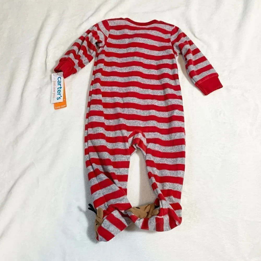 5/$25 NEW‎ Carter's 6m Red Grey Stripe Reindeer Fleece Footed Pajamas Sleeper